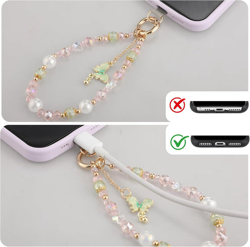 2 BESARME Pcs Phone Charm Wristlet with Crystal Beads and Butterfly Pendant, Includes Tether Tab for Easy Attachment