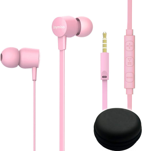 Joymiso Tangle Free Earbuds for Kids and Women, Comfortable Lightweight Wired Earphones with Case (Pink)