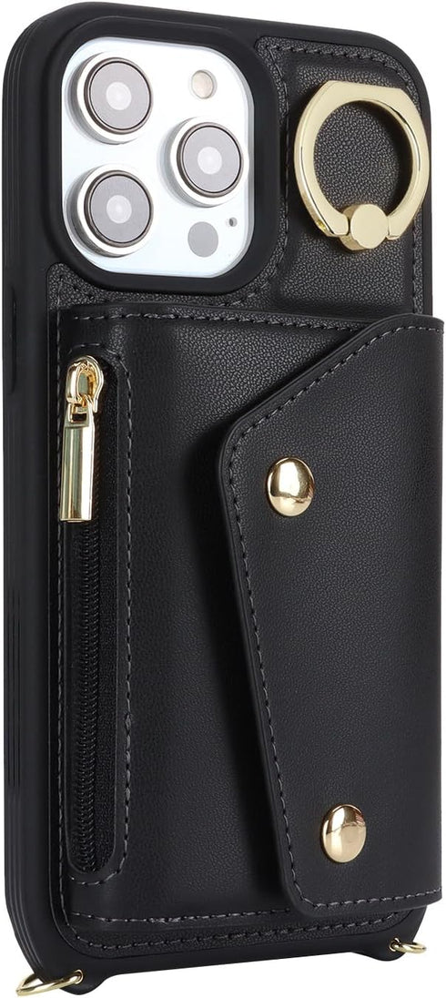 iPhone 12 Pro Max Case with Card Holder and Strap, Zipper Pocket, Crossbody Lanyard Strap, Cute Phone Wallet Case for