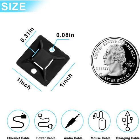 Zip Tie Mounts - Small Cable Tie Adhesive Mount, 1in/25mm Black, 100PCS for Indoor Cable Management