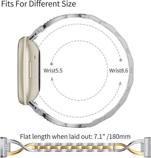 Wearlizer Metal Band for Fitbit Versa 4/3/Sense/Sense 2 - Dressy Stainless Steel Bling Rhinestone Replacement Strap