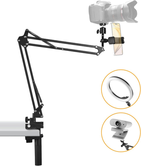 Phone Holder for Bed Desk, Flexible Camera Arm Desk Mount Clamp with Phone Holder and Ball Head, Overhead Tripod Mount