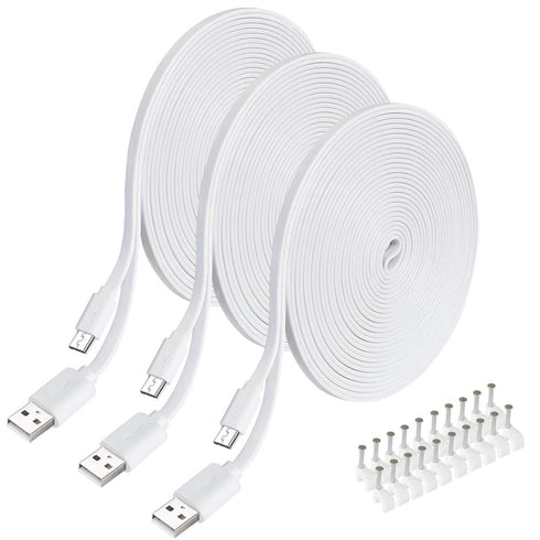 3PCS 10FT Flat Micro USB Power Extension Cable for Wyze Cam, Yi Cam, Oculus Go, Kasa, Nest Cam, Indoor Security