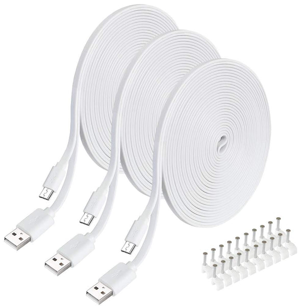 3PCS 10FT Flat Micro USB Power Extension Cable for Wyze Cam, Yi Cam, Oculus Go, Kasa, Nest Cam, Indoor Security