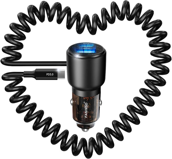 110W Fast Charging USB Car Charger, 3-Port Type-C Adapter with Retractable Cable for iPhone 15/14/13, iPad, Samsung