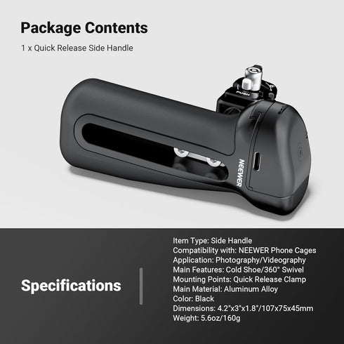 NEEWER 360 PA148E Quick Release Side Handle with Bluetooth Shutter, Cold Shoe, Rotation, Compatible with iPhone Android