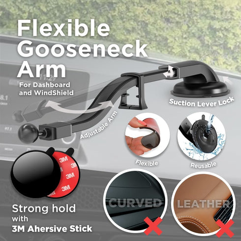 Phone Holder for Car Dash & Windshield, Flexible Gooseneck Phone Mount with Cradle Feet & Adjustable Holder Grips,