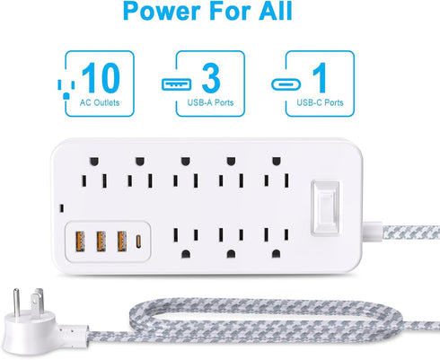 Roopersnake 8 4 Ports(1 Bluetooth Portable Speakers Extension Cord Surge Protector Power Strip - Flat Plug Braided