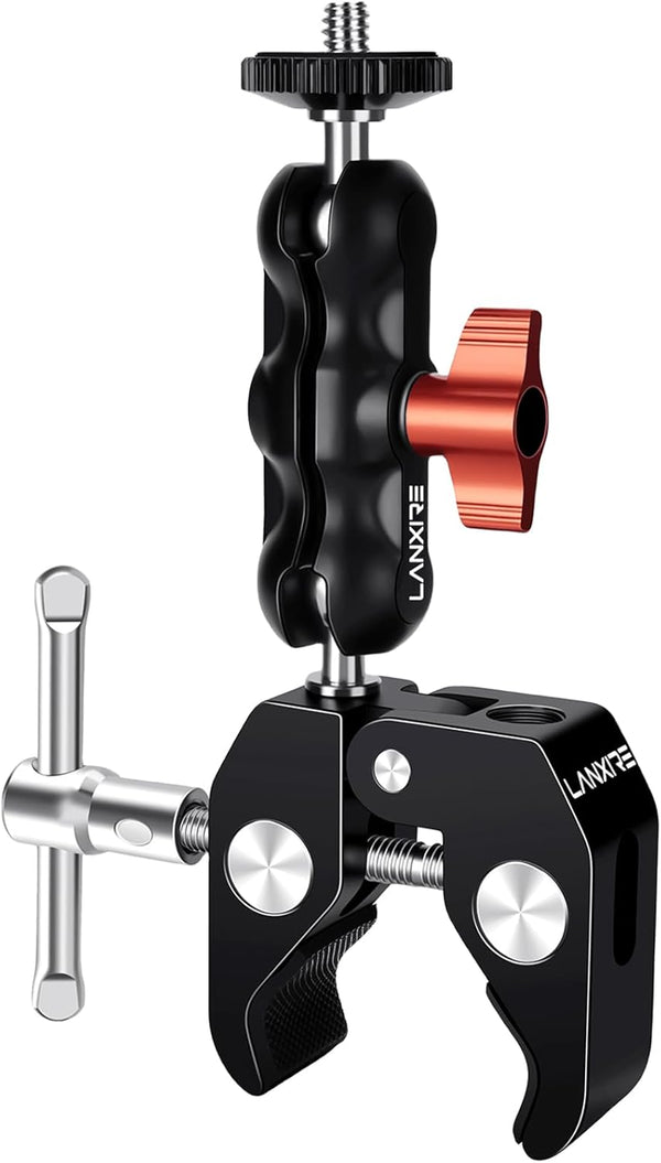 Super Clamp Camera Mount with Double Ball Head Adapter - 360° Rotation, Compatible with Canon Nikon DSLR, Gopro, LED