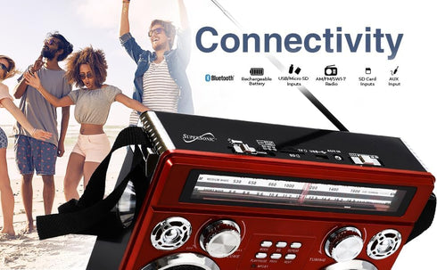 Supersonic SC-1097BT Portable 3 Band Radio with Bluetooth, MP3 Playback, Flashlight, High Sensitivity, Long-Lasting