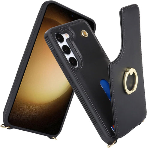 for Samsung Galaxy S23 Case with Card Holder and Strap for Women,Crossbody Lanyard,Ring Stand,Snap Clasp,Phone Wallet Cases 6.1 inch(Black)