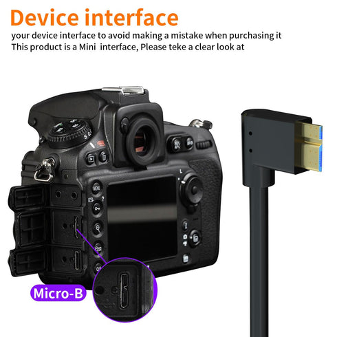 USB to Micro B Right Angle Camera Cable 16ft, Super Fast 3.0 Transmission for Online Shooting and Data Transfer