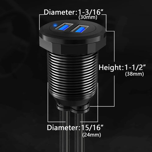 BATIGE Alloy Dual Port USB 3.0 Car Dashboard Flush Mount Cable, Male to Female with LED Indicator, 1ft