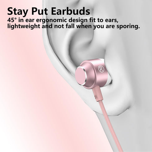 USB C Earbuds Rose Gold, Type C in Ear Headphones Wired, Stereo Bass Pink Earphones with Microphone and Volume Control