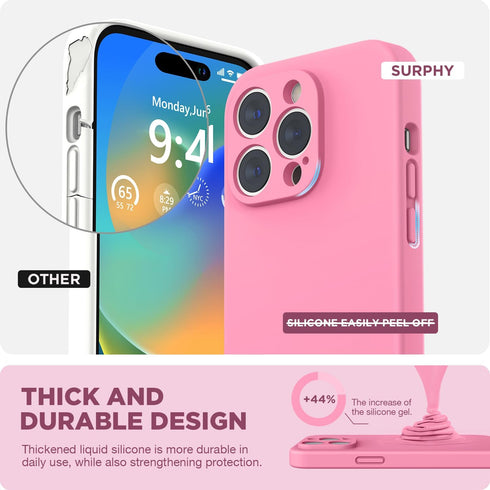 iPhone 14 Pro Max Case by SURPHY, Pink Liquid Silicone with Screen Protector, Camera Protection & Soft Microfiber