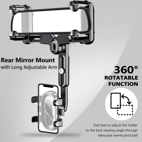ILKCC 360 Rearview Mirror Phone Holder for Car, Rotating and Retractable Multifunctional Rear View Phone Mount