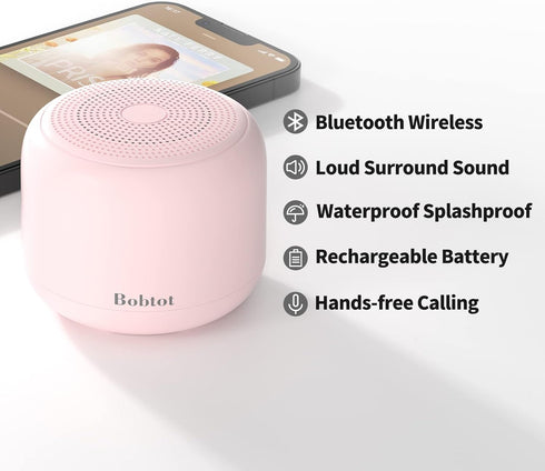 Bobtot Portable Bluetooth Speakers with Strap Easy to Carry, Wireless Waterproof Mini Speaker with Loud Stereo Sound,15 Hours Playtime, Rechargeable Battery, Built-In Microphone, Pink