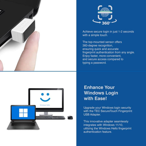 TEC TE-FPA4-MC 360 0.23s SecureTouch USB Fingerprint Reader with ESS Enhanced Sign-in Security Match-On-Chip