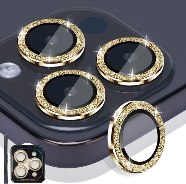 Camera Lens Protector for iPhone 14 Pro & Pro Max, Tempered Glass with Aluminum Alloy Ring - Glitter Gold