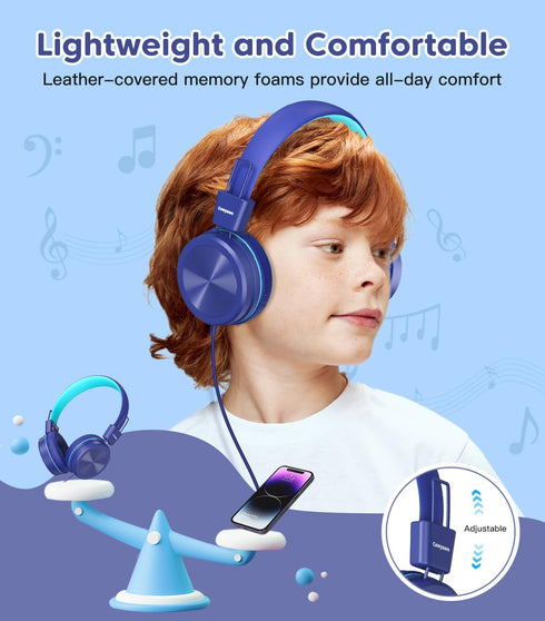 Kids Headphones, Toddler Headphones with Safe Volume Limiter 94dB, Wired School Headphones for Kids, Adjustable Design