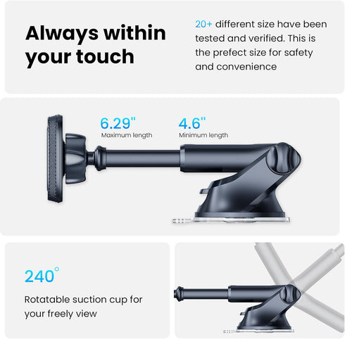 APPS2Car Magnetic Phone Mount for Car - Dashboard & Windshield Holder with Telescopic Arm, 6 Strong Magnets