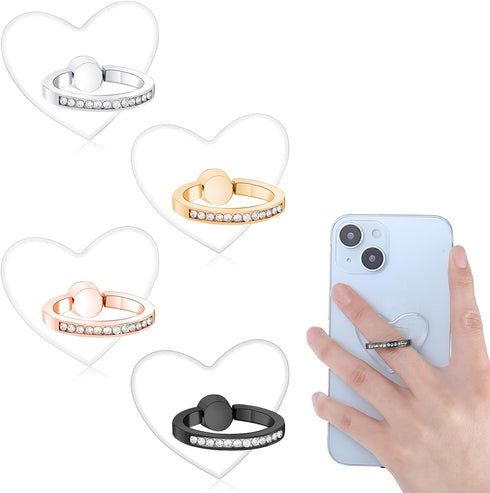 simarro 4Pcs Transparent Phone Ring Holder, Heart Diamond Setting Ring Phone Holder 360