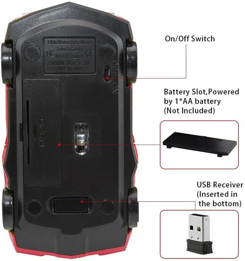 Wireless 3D Sports Car Mouse - Ergonomic Optical Computer Mouse for Desktop Laptop PC, Red