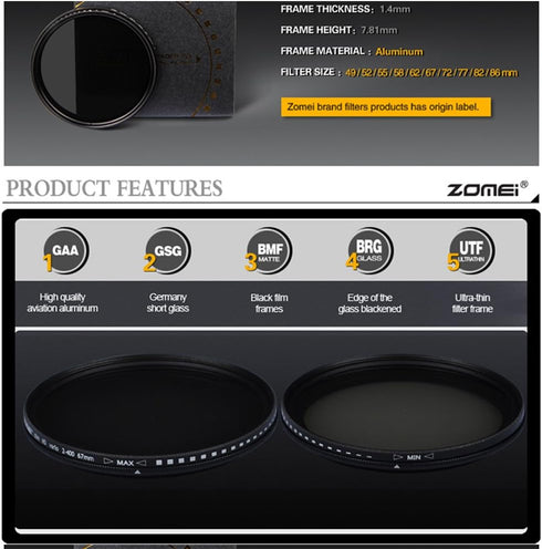 Zomei 77mm Ultra Slim ND2-ND400 Fader Variable Neutral Density Adjustable ND Lens Filter
