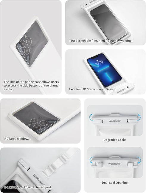 wellhouse Waterproof Phone Pouch, Case for iPhone 15/14/13/12 Pro Max, IPX8 3D Dry Bag Beach Essentials - White