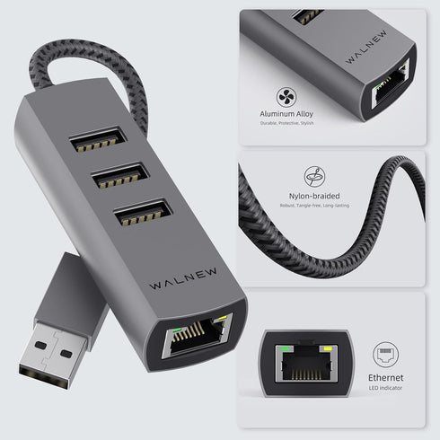 WALNEW USB 3.0 Ethernet Adapter, 4-in-1 USB Hub with 3 USB-A Data Ports and 1 Gigabit RJ45 Network for Laptop
