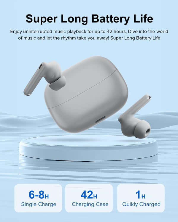 Wireless Earbuds with 42H Playtime, Bluetooth 5.3 Headphones, HiFi Stereo Noise Cancelling Earphones, Gray