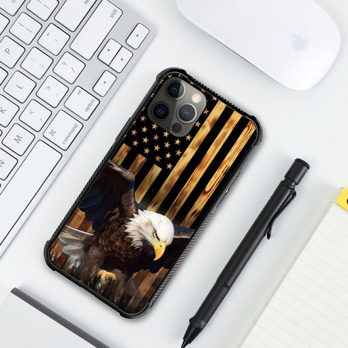 TnXee iPhone 12 Mini Case Compatible, Wood Grain American Flag Bald Eagle Pattern Design, Shockproof Anti-Scratch