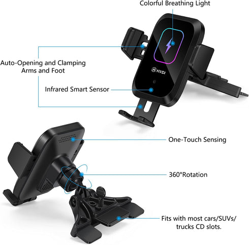 Wireless Car Charger Phone Mount, Auto-Clamping 15W Qi Fast Charging, Compatible with iPhone 13 Pro Max, Samsung S21