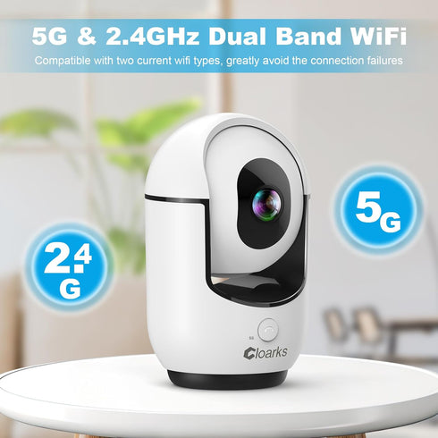 Cloarks 2K 5/2.4 2-Way 24/7, Indoor Camera, GHz WiFi Pan/Tilt Security Camera with AI Motion Detection, One-Click Call