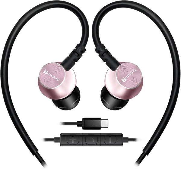 Sports Earbuds Wired with Microphone, USB Type C in-Ear Headphones with Over Ear Hook for Sports, Running, Gym (Pink)