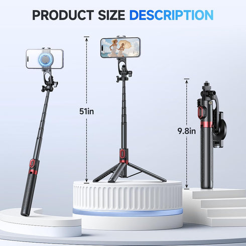REQO Phones,51" Magnetic Tripod for iPhone and Android,Samsung Selfie Stick Tripod Mount with Remote,Portable Phone