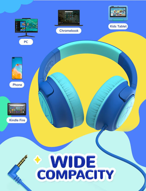 iClever Kids Headphones with Cord, 85dBA Safe Volume Wired Headphones for Kids, Over Ear for School/Travel (Blue)