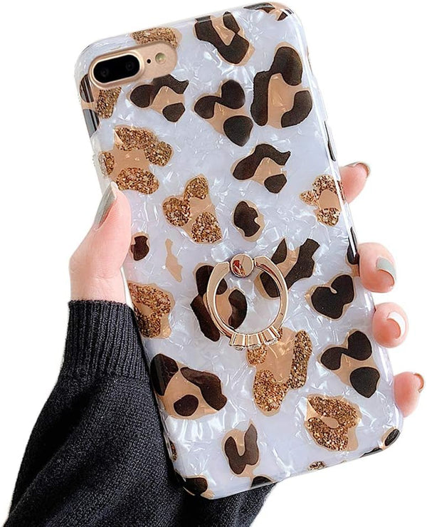Qokey for iPhone 7 Plus/8 Plus Case - 5.5 inch Glitter Leopard Cute Stand Design, Soft TPU Shockproof Cover