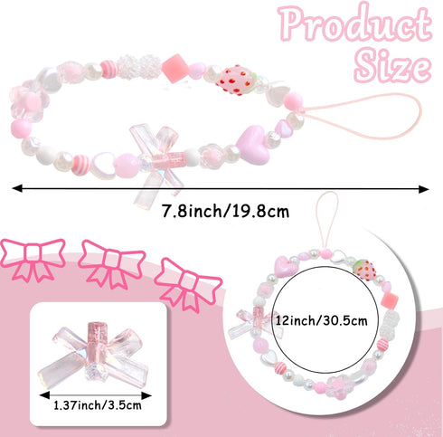 Aesthetic Phone Charms Strap, Kawaii Cute Strawberry Phone Case Charms with Bowknot Heart (Pink)