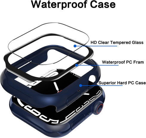 YMHML Waterproof Blue Case for Apple Watch Series 8/7 45mm, Tempered Glass Screen Protector, Slim Bumper