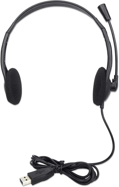 MANHATTAN USB Headset with Mic & Long 5 ft Cable - Dual-Sided Padded On-Ear, Adjustable Headband - for Desktop, Laptop, Computer – 3 Yr Mfg Warranty - 179461