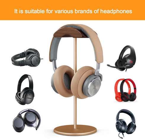 Headset Holder Stand, Wood and Aluminum Desktop Headphone Stand with Solid Heavy Base for All Headphone Sizes (Gold)
