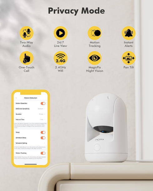 Dzees 2K Indoor Security Pet Camera, No Subscription, 360° WiFi with MagicPix Night Vision, 2-Way Audio, Motion Tracking