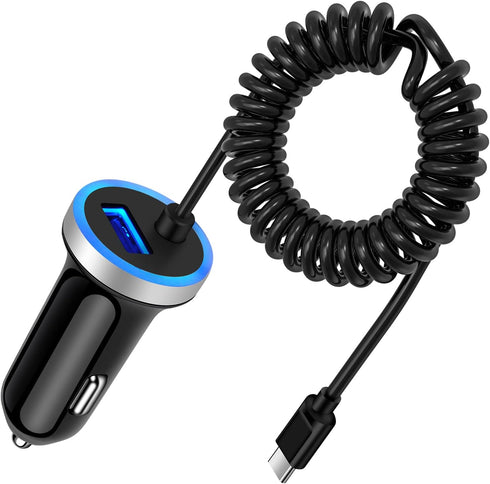 Fast Car Charger Type C Car Plug, Android Phone USB C Car Charger Cigarette Lighter Adapter with Fast Charging Coiled