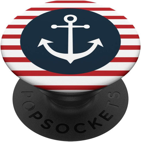 White Anchor on Blue Circle with Red Stripes Background PopSockets Swappable PopGrip.