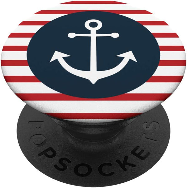 White Anchor on Blue Circle with Red Stripes Background PopSockets Swappable PopGrip.