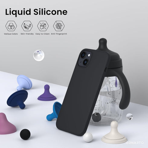 ORNARTO iPhone 15 Case 6.1" - Slim Liquid Silicone, 3 Layers, Soft Gel Rubber, Anti-Scratch, Shockproof, Black.
