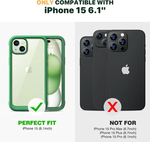 Diaclara Rugged Case for iPhone 15, Built-in Touch Sensitive Anti-Scratch Screen Protector - Green