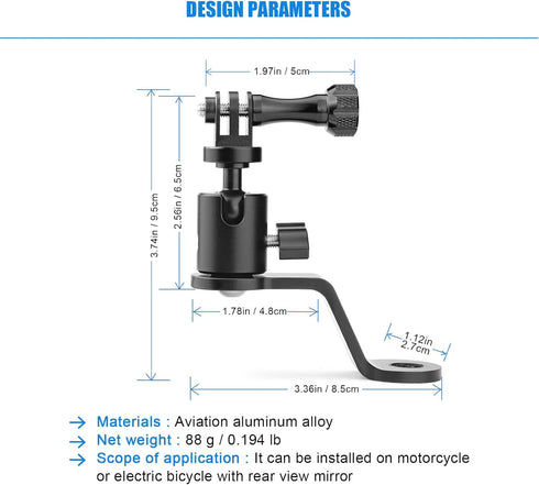 Motorcycle Rearview Mirror Mount for Gopro Motorcycle Aluminum Bracket Holder (360 Degree Rotation & 10mm Hole) Compatible with GoPro Hero 8/9/10/11/12 DJI Osmo Action Camera