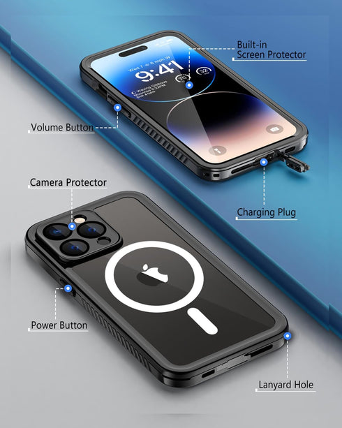Unitedtime Magnetic Waterproof iPhone 14 Pro Case with Built-in Screen Protector, Shockproof Dustproof Full Body Cover